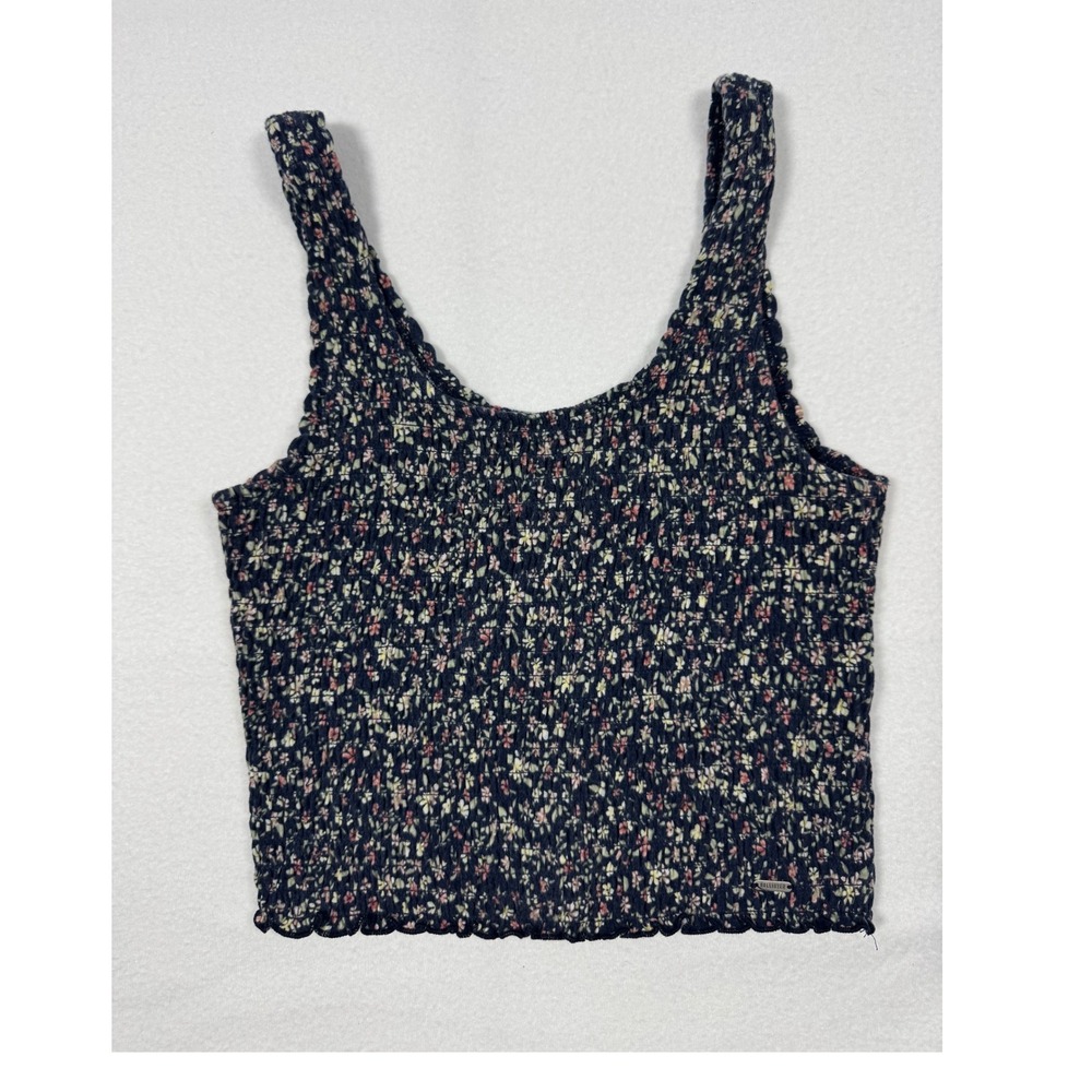 Cottagecore Hollister Smocked Floral Tank Top Women Medium Navy Blue 339L2846